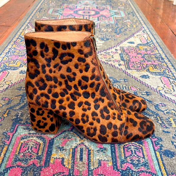 Madewell Amalia leather calf hair leopard print front zip heeled ankle booties - Picture 1 of 8